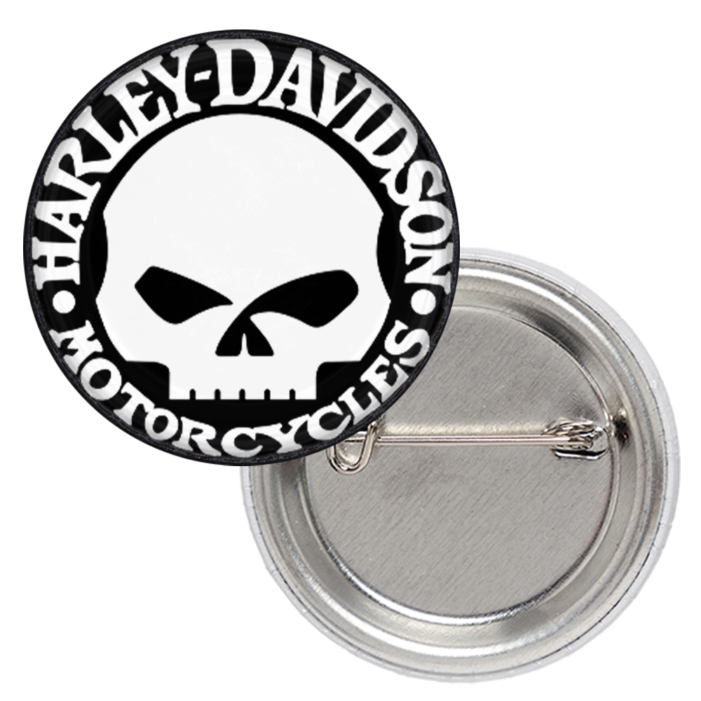 Метална значка за дрехи Harley-Davidson 25 мм с бял череп и надпис