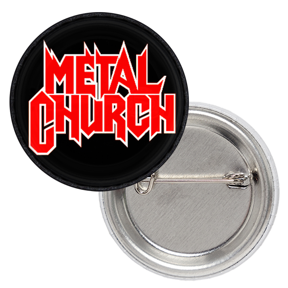 Метална значка на Metal Church с червено лого 25 мм за якета и дрехи