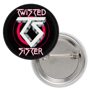 Метална значка на Twisted Sister със сребристо и розово лого за якета и дрехи 25 мм