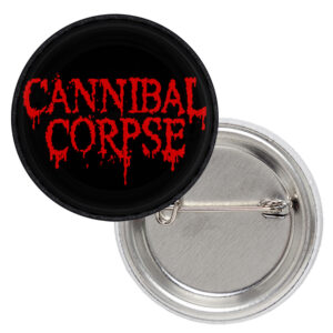 Метална значка на Cannibal Corpse с червено лого за фенове на дет метъл музиката