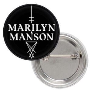 Кръгла метална значка Marilyn Manson с лого Cross на черен фон