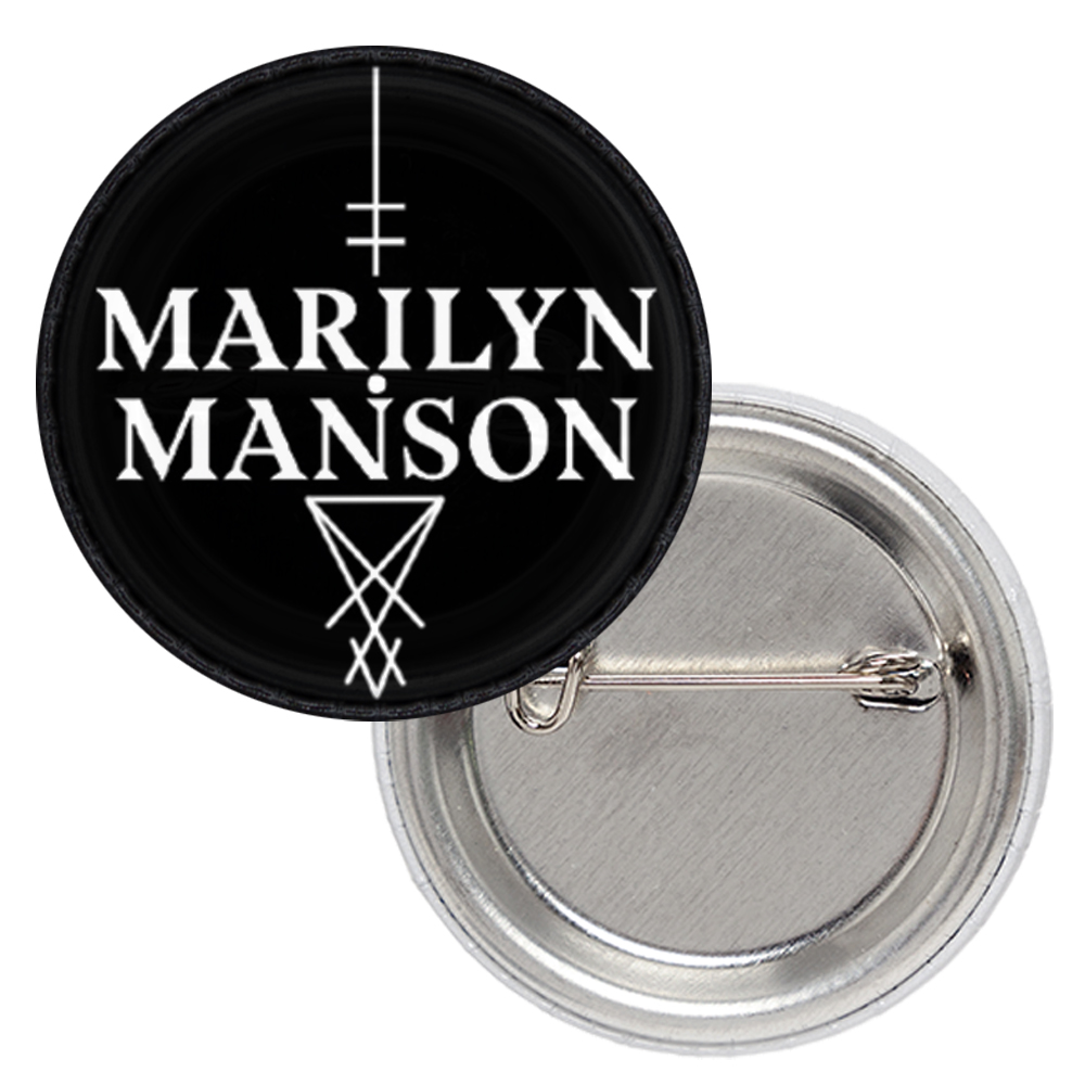 Кръгла метална значка Marilyn Manson с лого Cross на черен фон