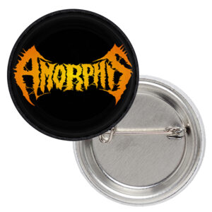 Метална значка за дрехи Amorphis 25 мм с оранжево лого на черен фон
