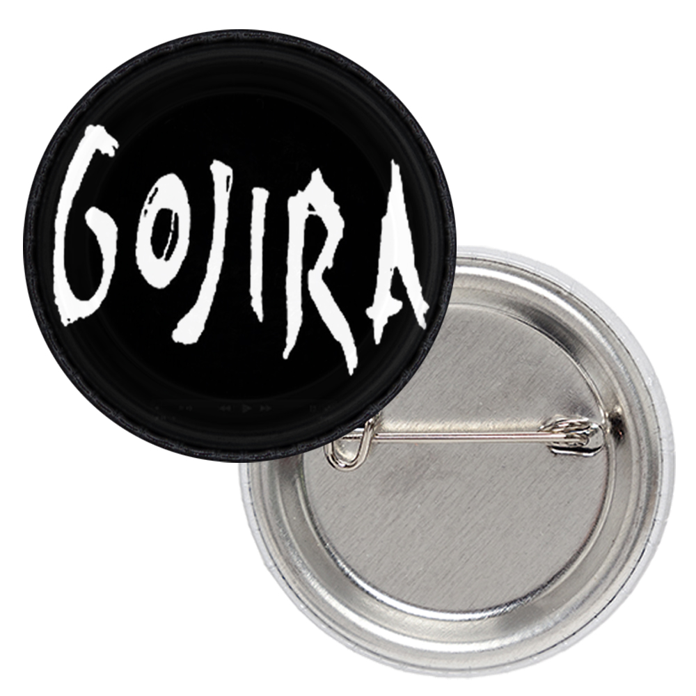 Кръгла метална значка Gojira с бяло лого и черен фон