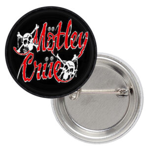 Кръгла метална значка на Motley Crue с червено лого и бели черепи