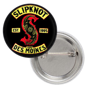 Кръгла метална значка на Slipknot с логото S и надпис Des Moines Iowa