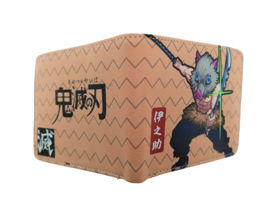 Аниме портфейл Demon Slayer от бежова еко кожа с изображение на Иносуке Хашибира с маска на глиган