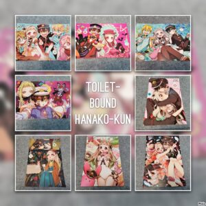 Колаж от 8 различни аниме плакати от поредицата Toilet-bound Hanako-kun с основните герои