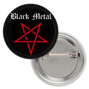 Метална значка на Black Metal с червен обърнат пентаграм и готически надпис
