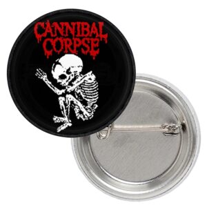Кръгла метална значка на Cannibal Corpse с червено лого и бял скелет на черен фон