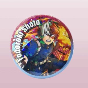 Голяма холограмна аниме значка на Шото Тодороки от My Hero Academia с огън и лед