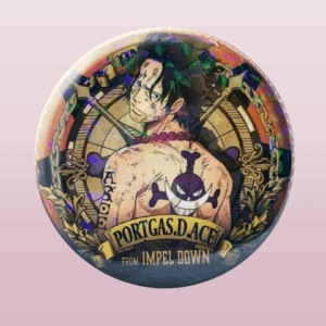 Кръгла холограмна аниме значка One Piece с Портгас Д. Ейс и надпис Portgas D. Ace From Impel Down.