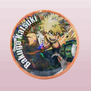 Кръгла метална аниме значка Кацуки Бакуго от My Hero Academia с холограмен ефект