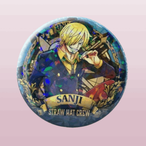Кръгла аниме значка Санджи от One Piece с холограмен ефект и надпис Straw Hat Crew