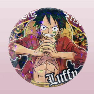 Кръгла аниме значка Мънки Д. Луфи от One Piece с блестящи ефекти и сламена шапка