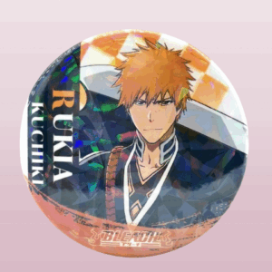 Кръгла метална аниме значка Ичиго Куросаки от Bleach с блестящи ефекти и оранжева коса