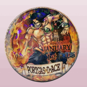 Кръгла метална аниме значка Портгас Д. Ейс от One Piece с пламъци и блестящи ефекти