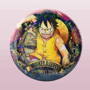 Кръгла аниме значка Мънки Д. Луфи от One Piece с холограмен ефект и жълт фон