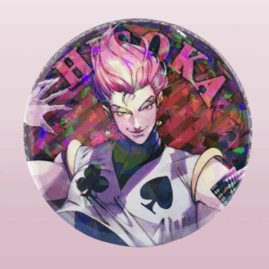 Кръгла аниме значка Хисока от Hunter x Hunter с холограмен ефект и розови коси