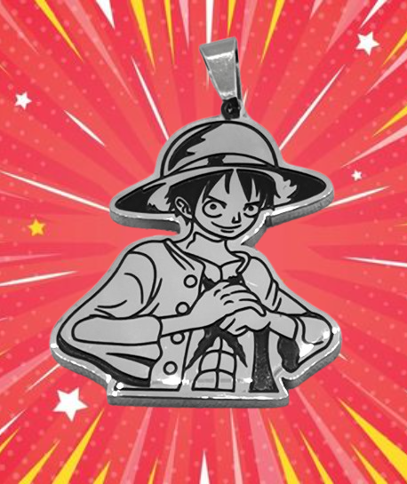Аниме медальон на Луфи от One Piece стоманен с гравиран силует и сламена шапка