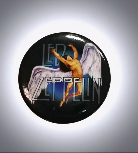Черна кръгла значка на Led Zeppelin с митичния ангел Swan Song