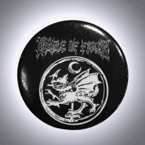 Кръгла метална значка на Cradle of Filth с черно лого и бял дракон на черен фон