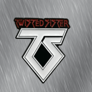 Брошка за дрехи Twisted Sister с бяло и червено метално лого върху метален фон