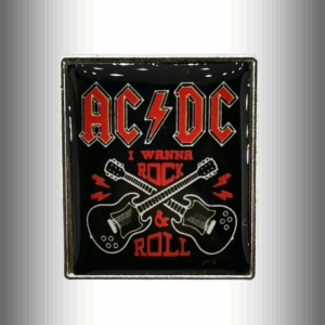 Квадратна метална брошка за дрехи AC/DC с китари и надпис I Wanna Rock and Roll