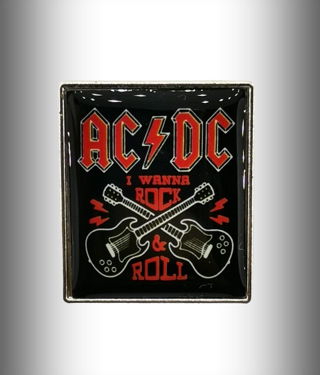 Квадратна метална брошка за дрехи AC/DC с китари и надпис I Wanna Rock and Roll