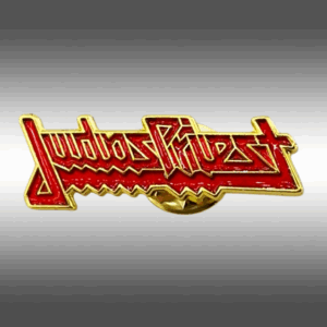 Метална брошка за дрехи Judas Priest с червено лого и златист кант