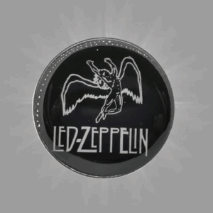 Кръгло пинче метална значка Led Zeppelin със сребрист ангел Икар на черен фон