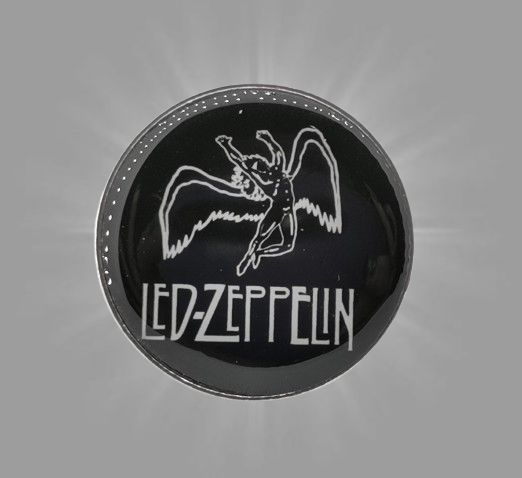 Кръгло пинче метална значка Led Zeppelin със сребрист ангел Икар на черен фон