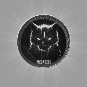 Кръгло черно пинче метална значка Megadeth с бяло изображение на котка и обърнат кръст
