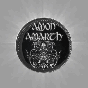 Кръгло черно пинче метална значка Amon Amarth с бяло лого и викингски орнаменти
