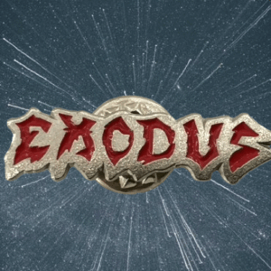Метални брошки за дрехи с логото на групата Exodus в червено и сребристо