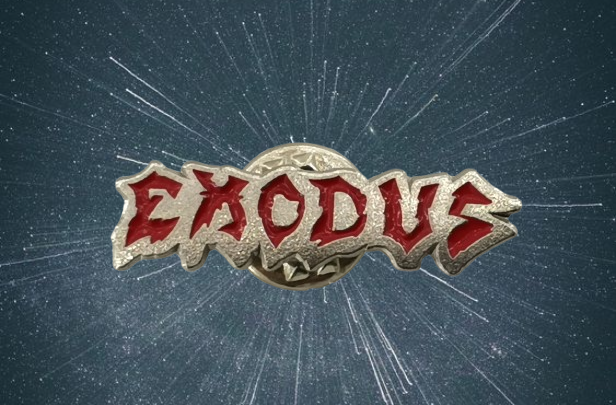 Метални брошки за дрехи с логото на групата Exodus в червено и сребристо