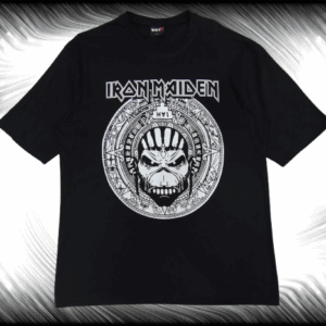 Черна oversize метъл тениска Iron Maiden с бяла ацтекска щампа на Еди