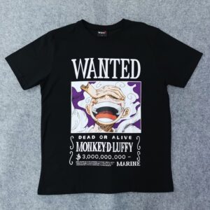 Черна памучна тениска One Piece с принт на плакат "WANTED" на Monkey D. Luffy в Gear 5.