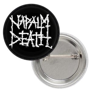 Черна метална значка за дрехи Napalm Death 25 мм с бяло лого