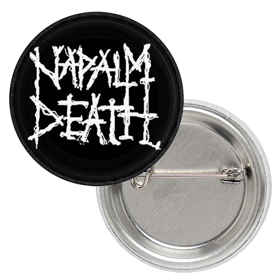 Черна метална значка за дрехи Napalm Death 25 мм с бяло лого