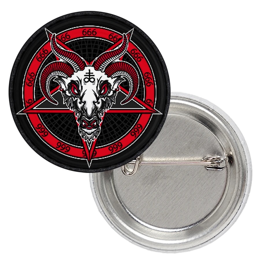 Метална значка на Baphomet с червен пентаграм и числото 666