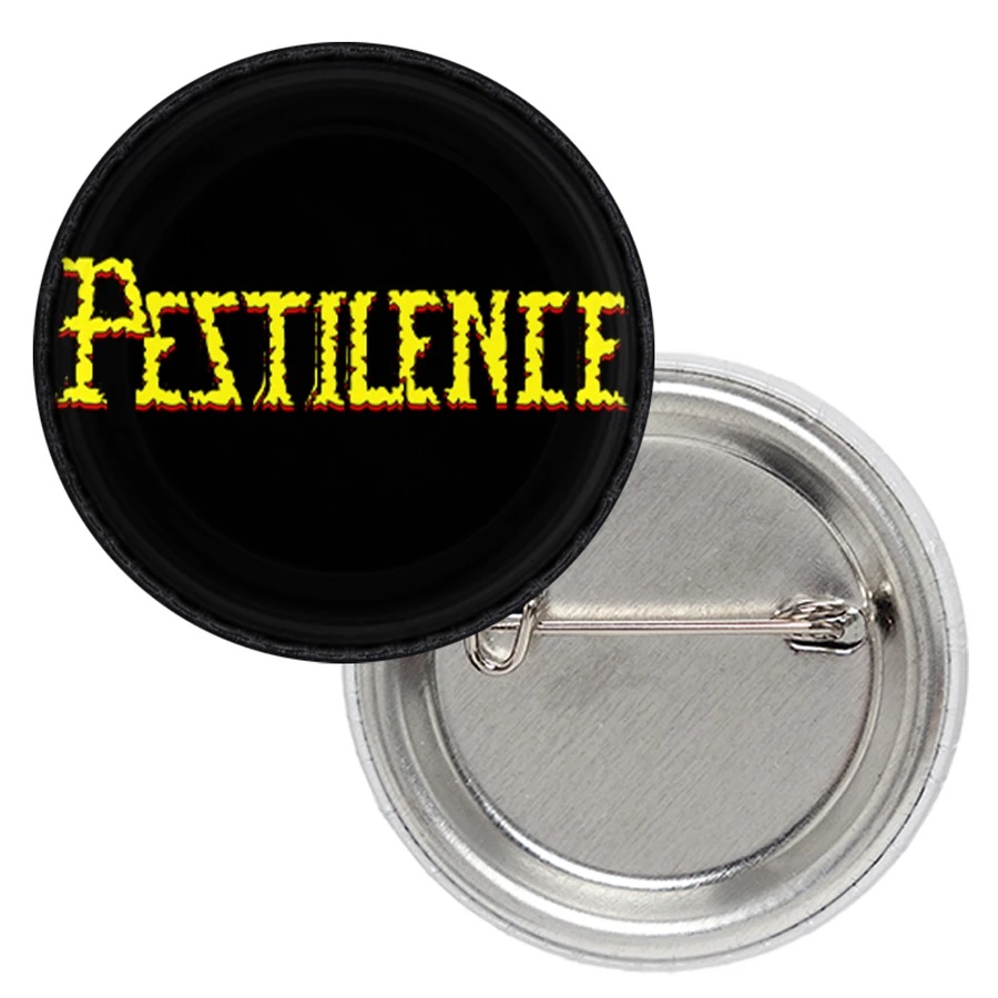 Метална значка за дрехи Pestilence 25 мм с жълто лого на черен фон