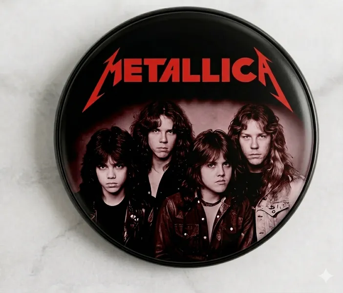 Кръгла метална значка на Metallica с ранна снимка на Джеймс Хетфийлд и Ларс Улрих