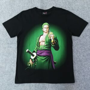 Черна памучна тениска с многоцветен ситопечат на героя Roronoa Zoro от анимето One Piece