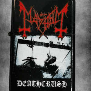 Черна zippo запалка на Mayhem с Deathcrush artwork и червено лого