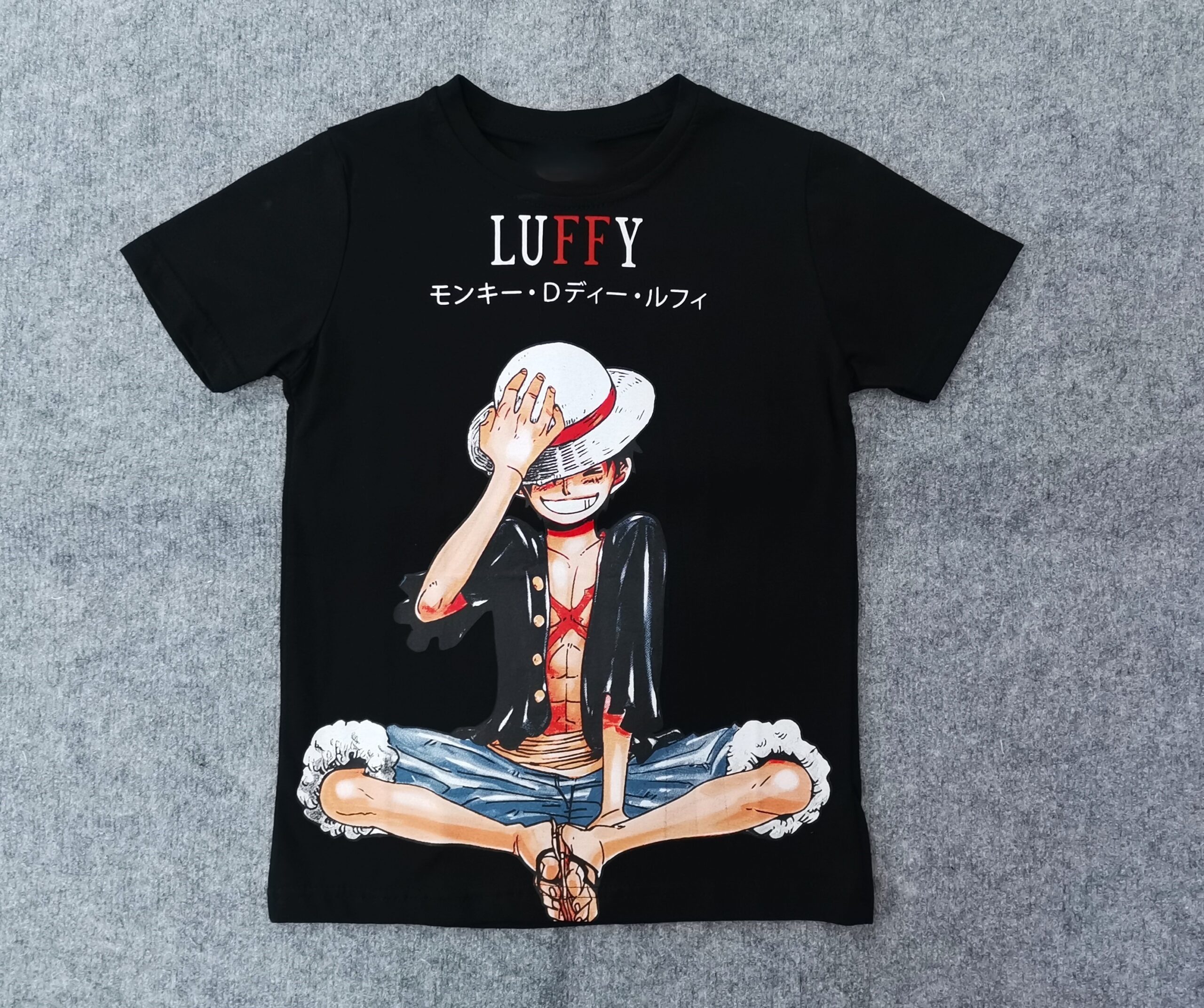 Детска черна аниме тениска One Piece Luffy, предна част, 100% памук