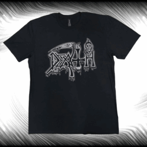 Черна метъл тениска Death Grey Logo със сиво лого, включващо коса и череп