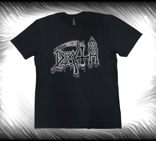 Черна метъл тениска Death Grey Logo със сиво лого, включващо коса и череп