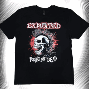 Черна пънк тениска The Exploited с череп с червен гребен и надпис Punks Not Dead