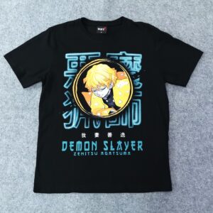 Черна памучна тениска Demon Slayer с принт на Zenitsu Agatsuma в ярки цветове